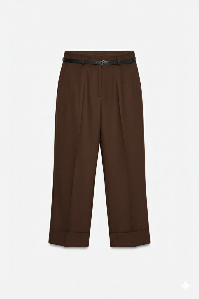 Pantalon Élégant à Revers et Ceinture