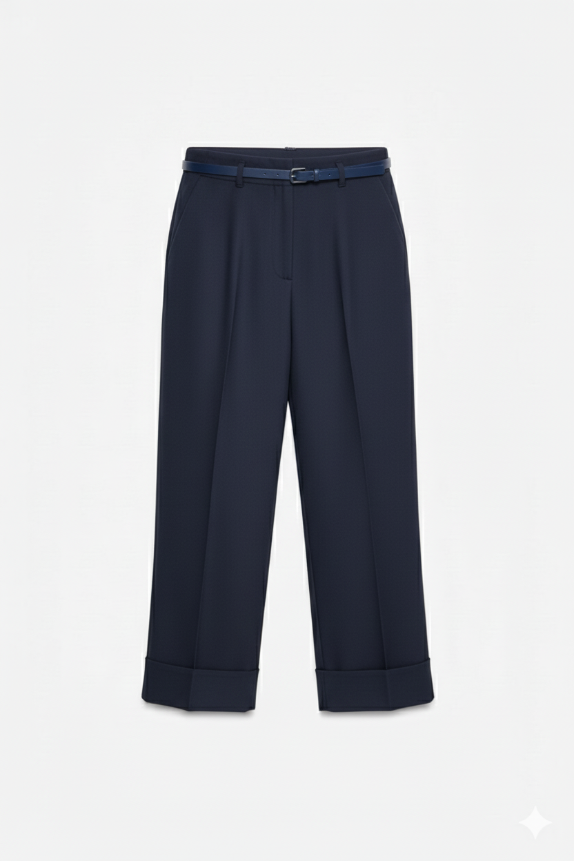 Pantalon Élégant à Revers et Ceinture